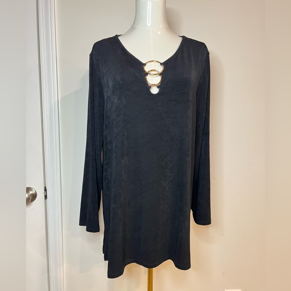 Chico's Travelers Women's Blk Tunic keyhole Top Size 3 3/4 Sleeves Career Office